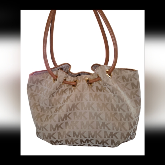 Michael Kors Tan & Brown Logo Canvas Bucket Bag (PreOwned -Sold As Is) - Picture 2 of 11